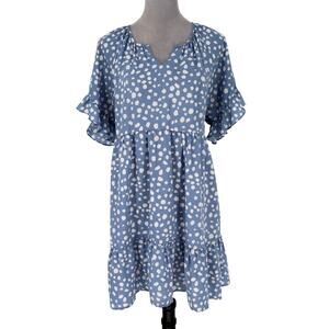Umgee Dress Womens Medium Blue White Print Trapeze Ruffle Sleeve Cottagecore